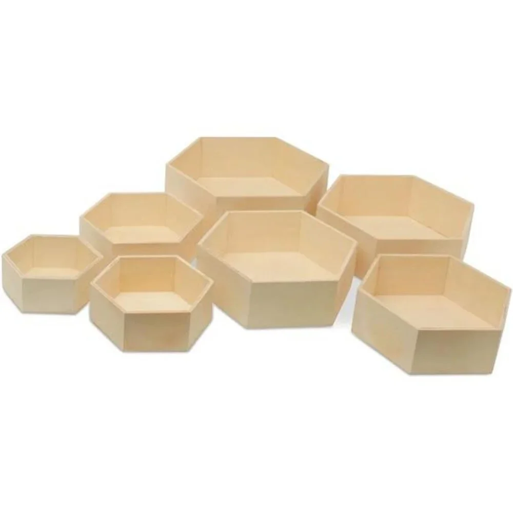 New Wooden Hexagon Floating Shelves with Backs, 2 Sets of 7, Unfinished